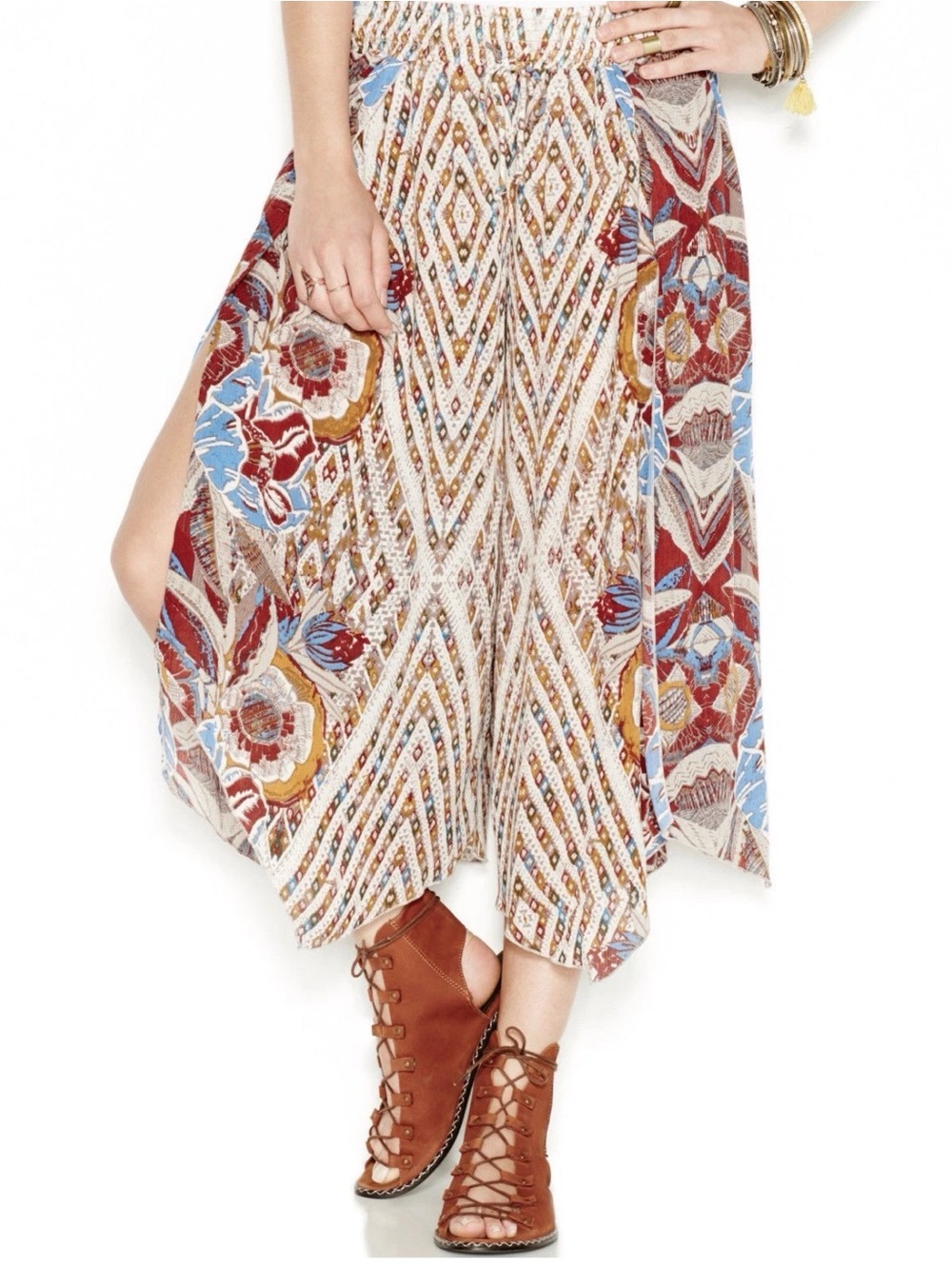 Free People Alabaster Asymmetrical Hem Overlay Pants Tribal Print